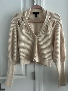 Express Cream Ribbed Button-Up Cardigan with Shoulder Cutouts